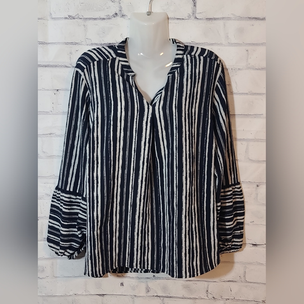 Notations Navy & White Striped Blouse 1X